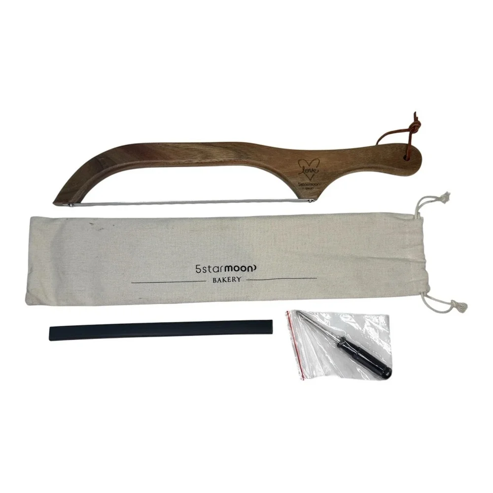 5 STAR MOON Fiddle Bow Bread Knife NEW Acacia Wood Serrated Blade Leather Strap